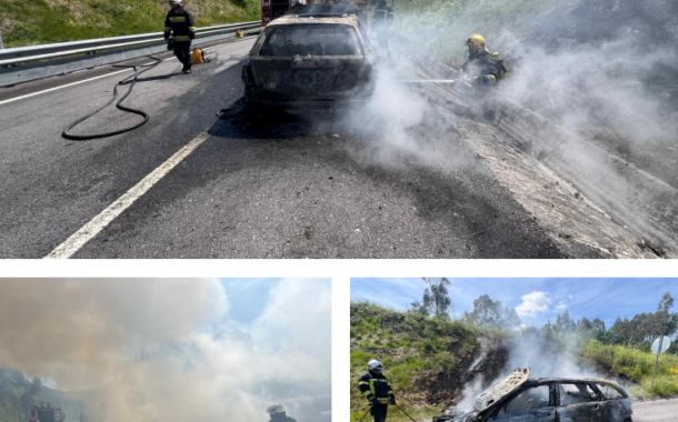 Carro consumido pelas chamas no acesso ao IC28