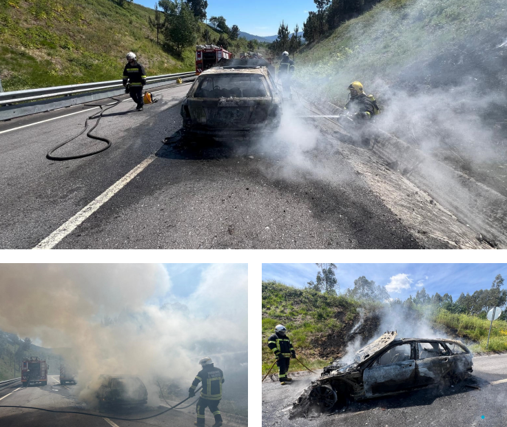Carro consumido pelas chamas no acesso ao IC28