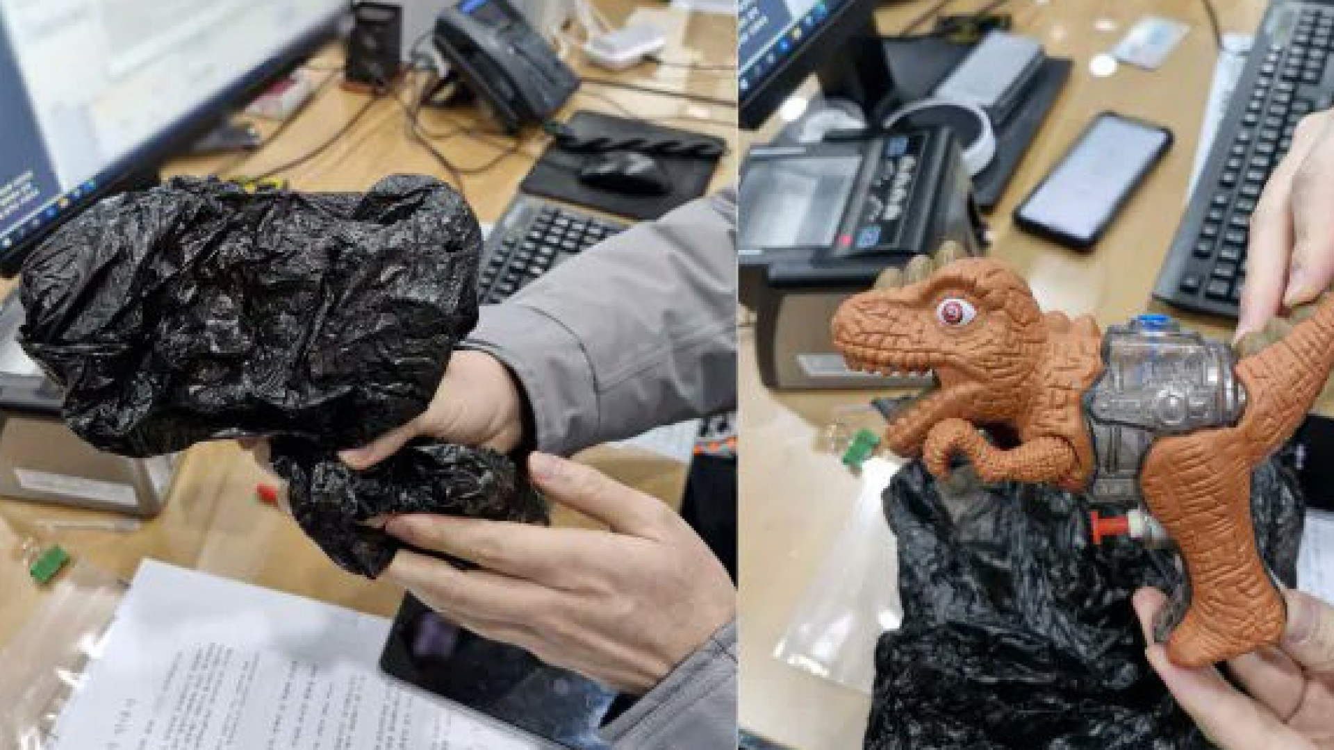 Homem tenta assaltar banco com pistola de água em forma de dinossauro