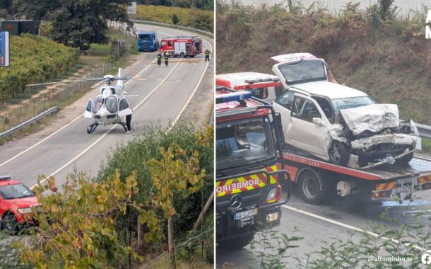 Violenta colisão faz dois feridos graves em Monção. Heli do evacua vítima para Braga