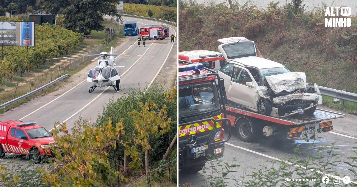 Violenta colisão faz dois feridos graves em Monção. Heli do evacua vítima para Braga